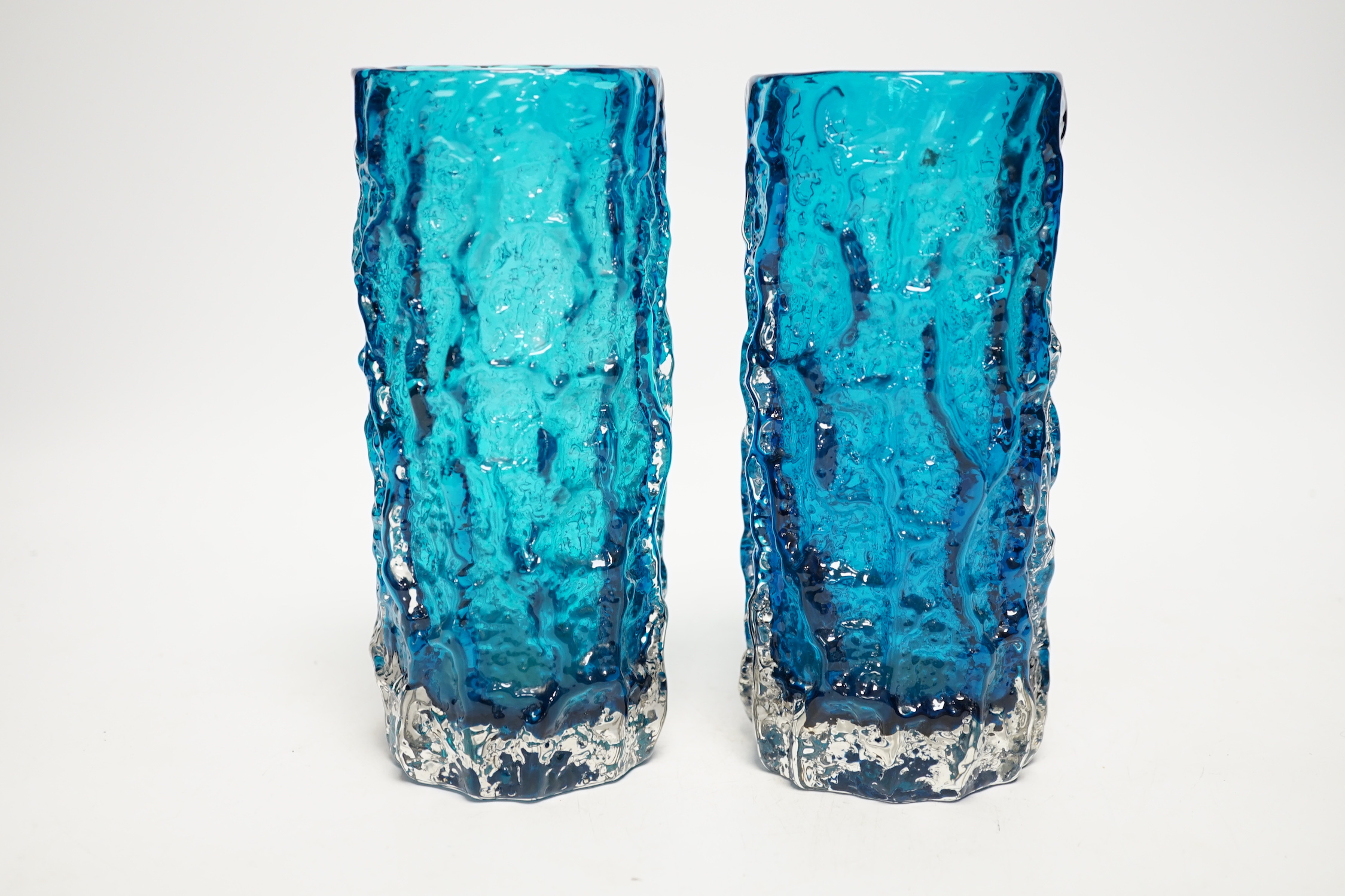 A pair of Whitefriars ‘Bark’ vases in kingfisher blue, 19cm high